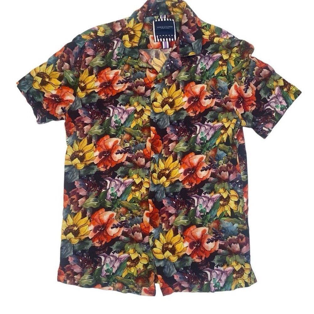 Denim & Flower Ricky Singh Bright Colorful Floral Short Sleeve Shirt Men Small